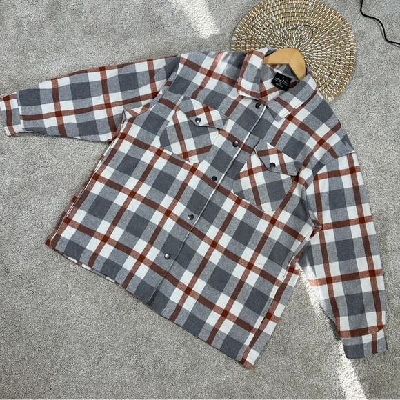HFX Wool Blend Flannel Plaid Shacket Jacket Western Relaxed Fit Gray/Brown L - Picture 4 of 16
